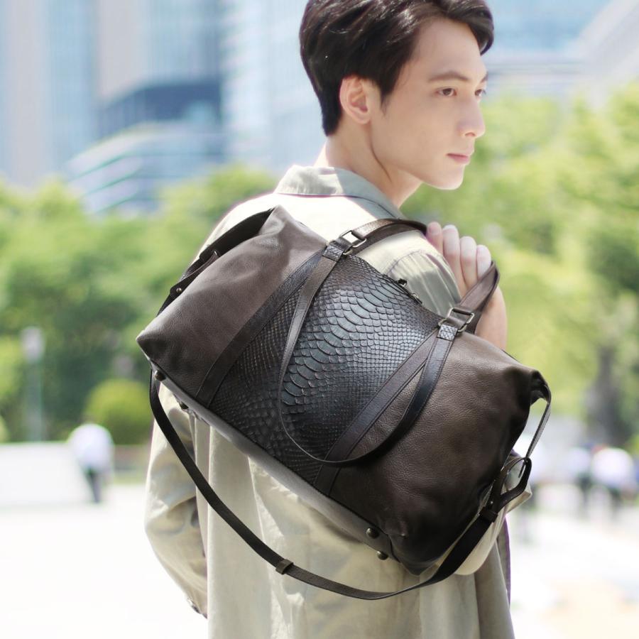 本革 メンズ ボストンバッグ ダイヤモンド パイソン 牛革 3WAY アンティーク 染め 大容量 15リットル(06001334-mens-1r)