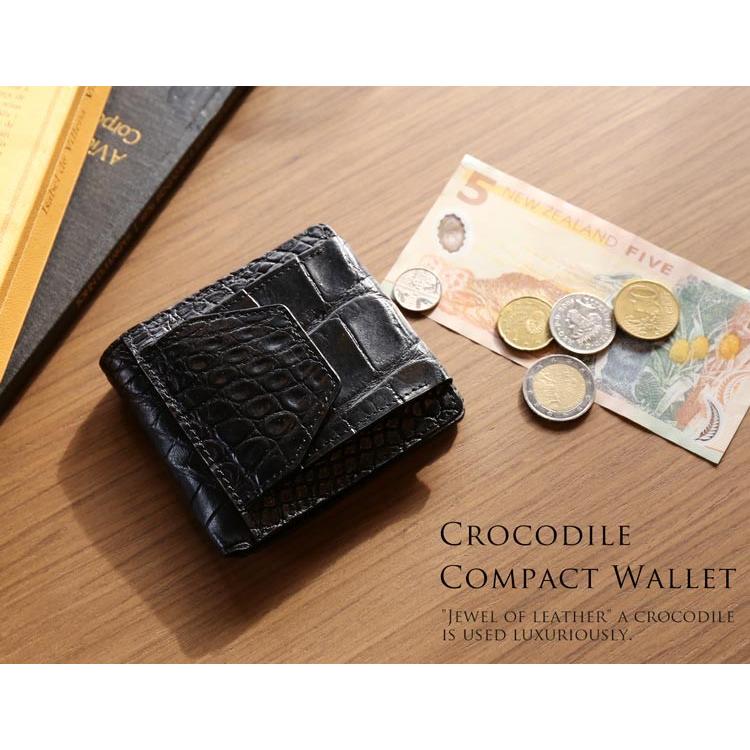 クロコダイル マット 二つ折り ミニ財布 メンズ ブラック 鰐皮 ワニ 本