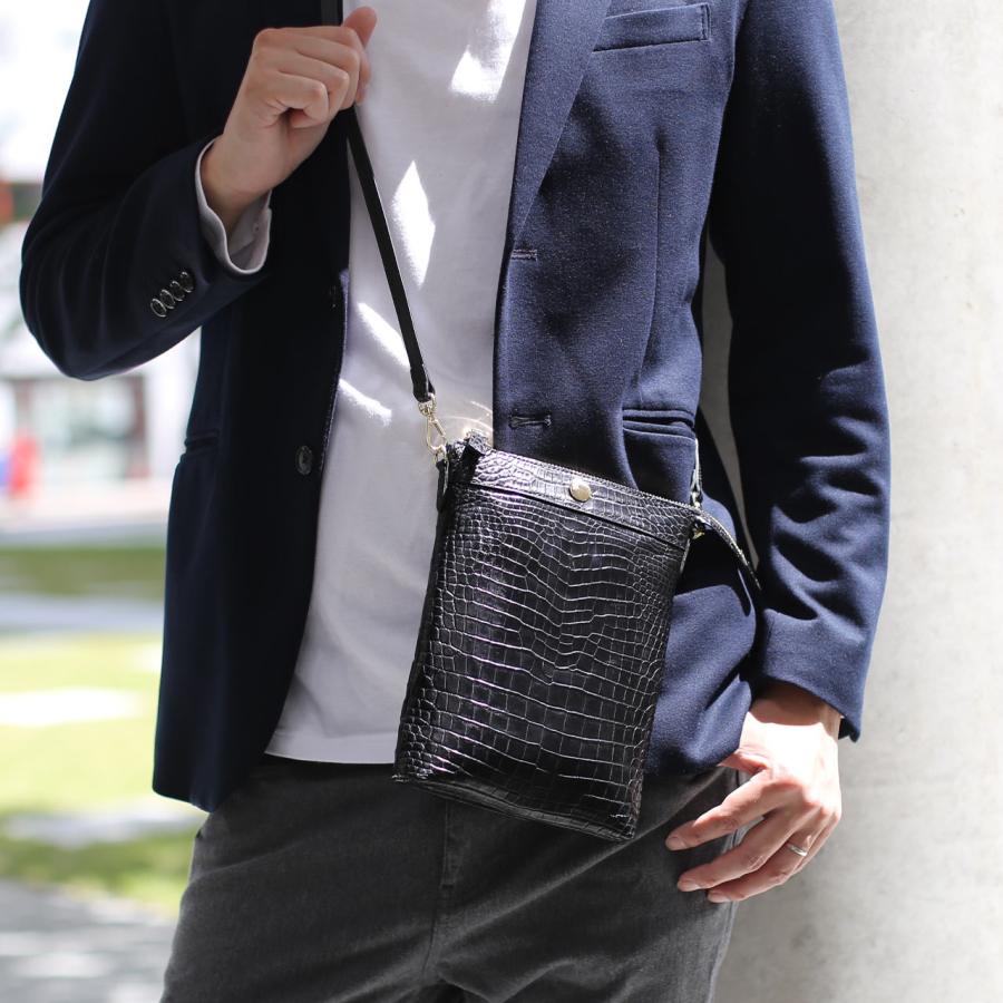 クロコダイル サコッシュ メンズ レザー ミニ ショルダーバッグ