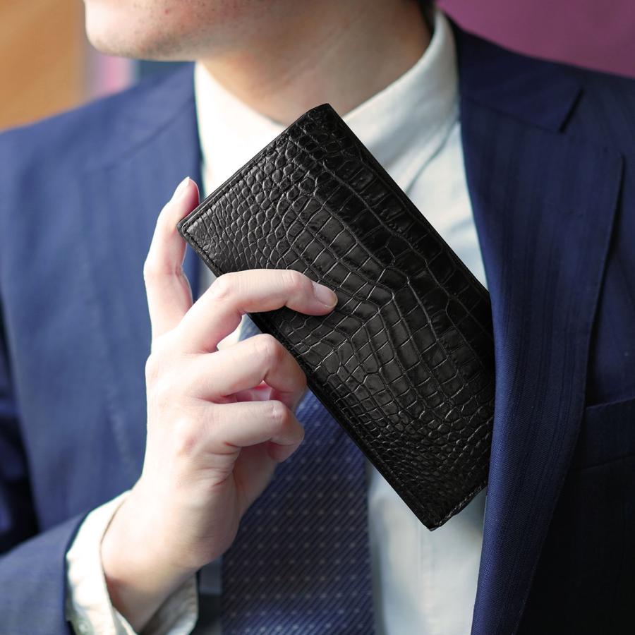 クロコダイル メンズ 束入れ 薄型 長財布 鰐革 一枚革 センター取り マット 加工 ブラック 内装 本革 4FA プレゼント ギフト(06001720r)の画像