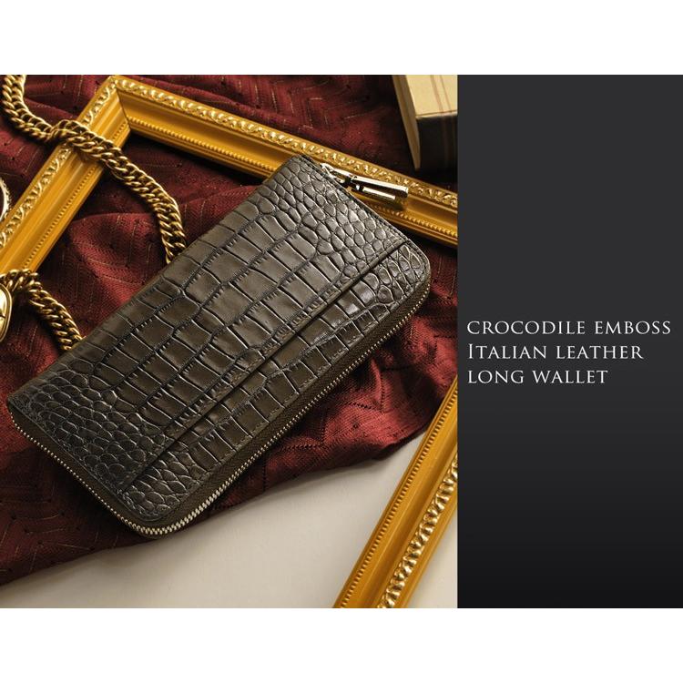 イタリア 牛革 クロコダイル 型押し 長財布 ラウンドファスナー 真鍮