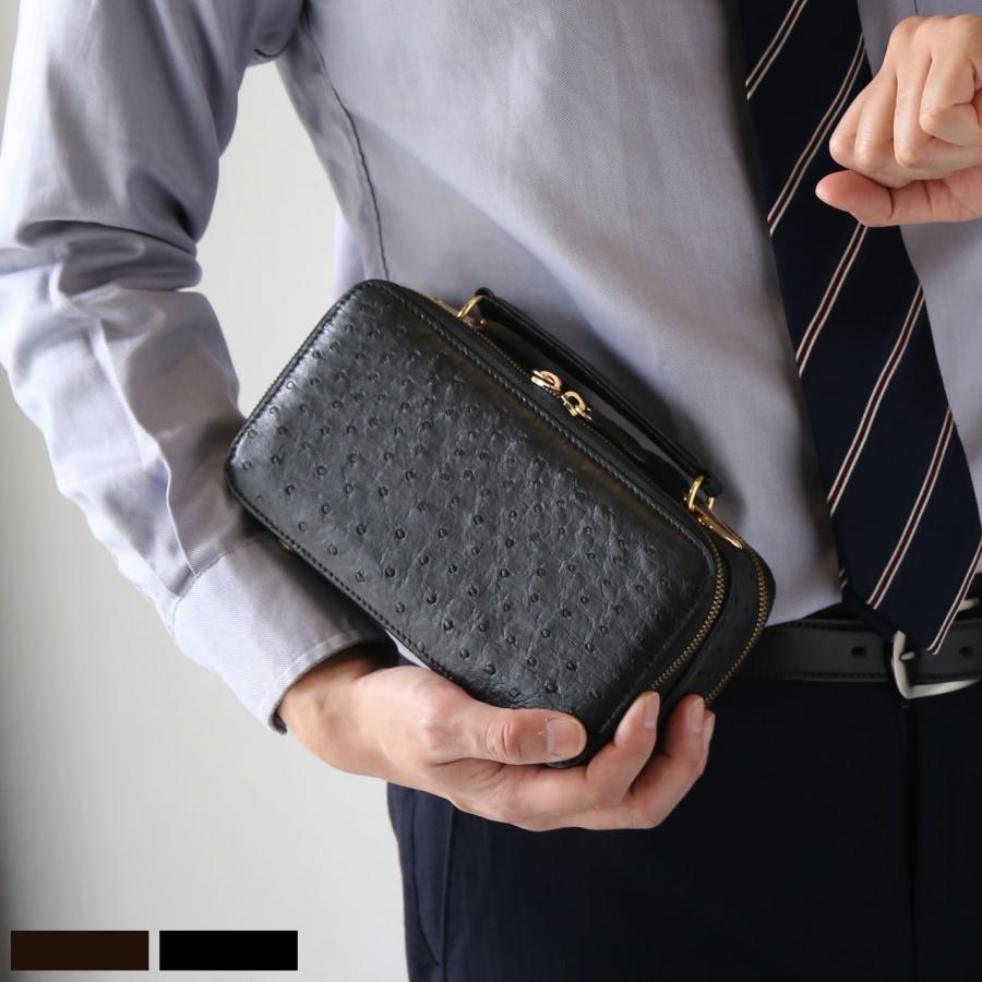 メンズ バッグ オーストリッチ Wファスナー セカンドバッグ 3way ミニ