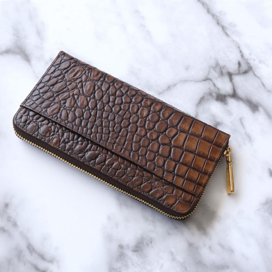 本革 財布 メンズ 長財布 イタリア製 牛革 クロコダイル柄 ラウンド ファスナー 真鍮 チャーム 4FC (7464-mens-1r)【ネコポスで送料無料】 本革 財布 メンズ 長財布 イタリア製 牛革 クロコダイル柄 真鍮