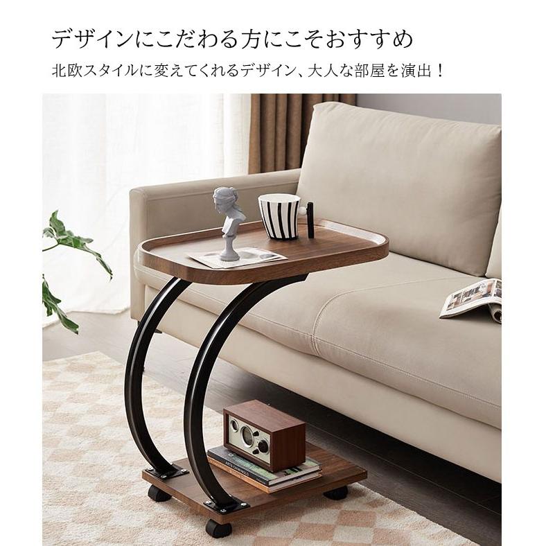 サイドテーブル 四角形＆円形 キャスター付き 机 ナイトテーブル 木目
