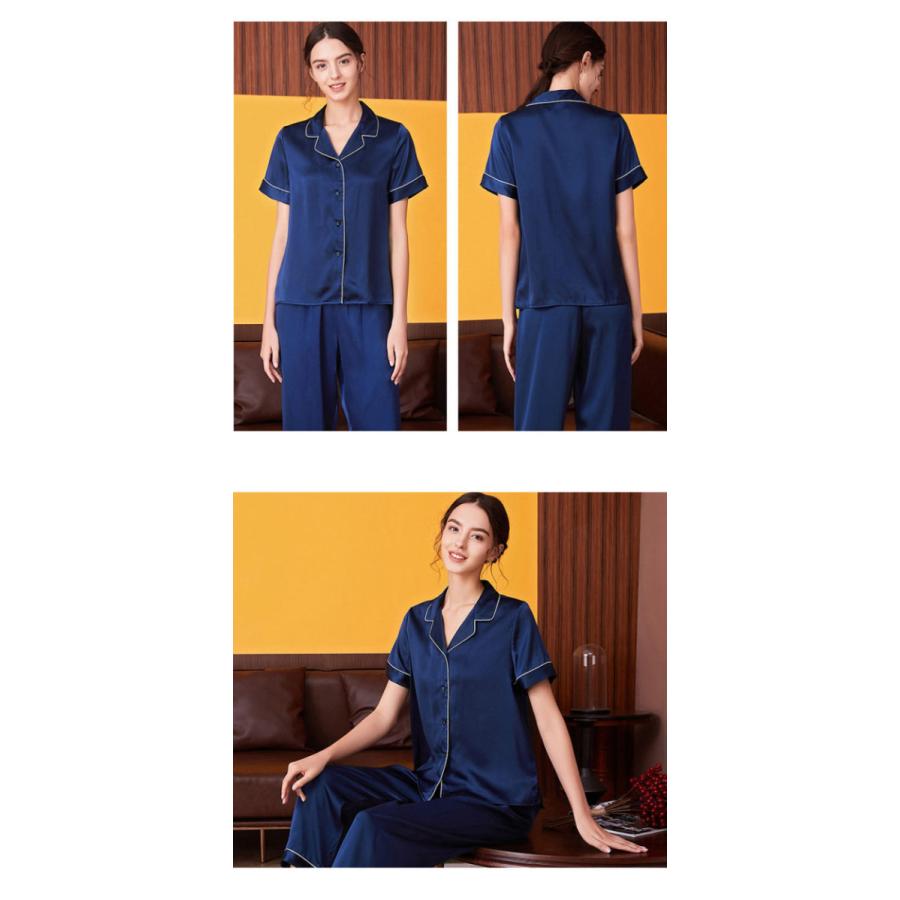 シルクパジャマ ネイビー&シャンパンピンク　絹100% XL 上下セット シルクパジャマ シルク100% パジャマ 絹 100% レディース ナイト