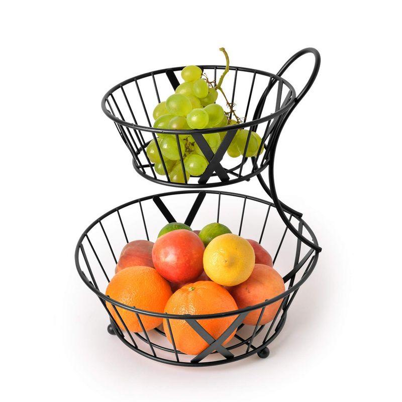 Totally Kitchen 2段フルーツバスケット ラウンドメタルフルーツストレージボウル マットブラック 20230207205845
