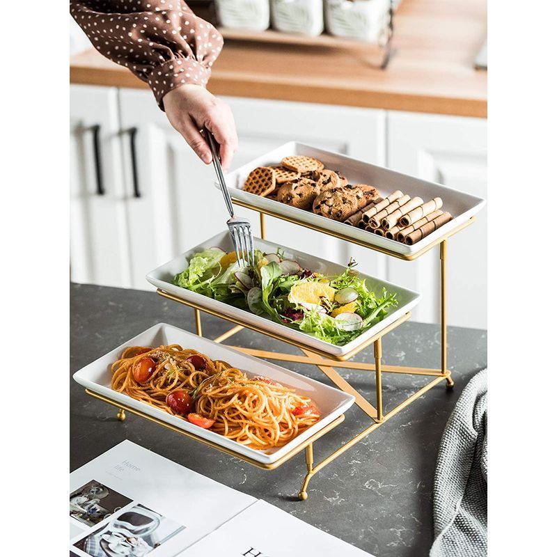 LAUCHUH 3段サービングスタンド 磁器サービングプラッターティアサービングトレイ 折りたたみ式頑丈なラック付き 感謝祭サービングディッ