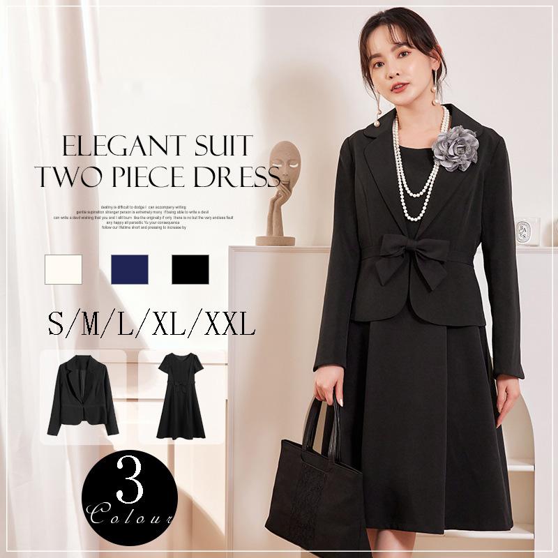 【爆買】フェミニンなウエストリボン付き 半袖 フレア ワンピース テーラード ジャケット 2点セット セットアップ ラウンドネック 長袖 式典 七五三 卒業式 ママスーツ フェミニンなウエストリボン付き 半袖 フレア ワンピース テーラード
