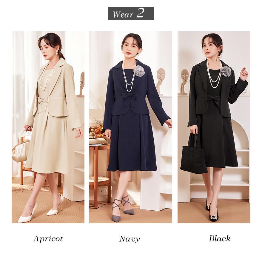 【爆買】フェミニンなウエストリボン付き 半袖 フレア ワンピース テーラード ジャケット 2点セット セットアップ ラウンドネック 長袖 式典 七五三 卒業式 ママスーツ フェミニンなウエストリボン付き 半袖 フレア ワンピース テーラード