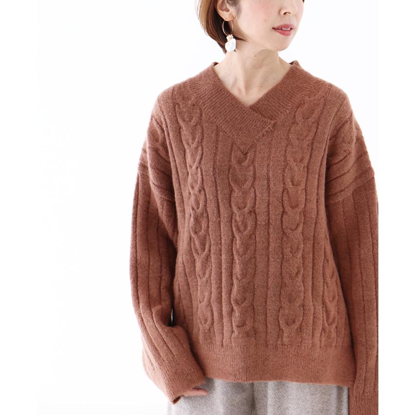 腰まで暖かもっちりニット トップス ニット カジュアル ナチュラル セーター 北欧 ブラウン 茶色 長袖 あったか 暖かい Vネック ケーブルニット B041ko Sanpo 通販 Yahoo ショッピング