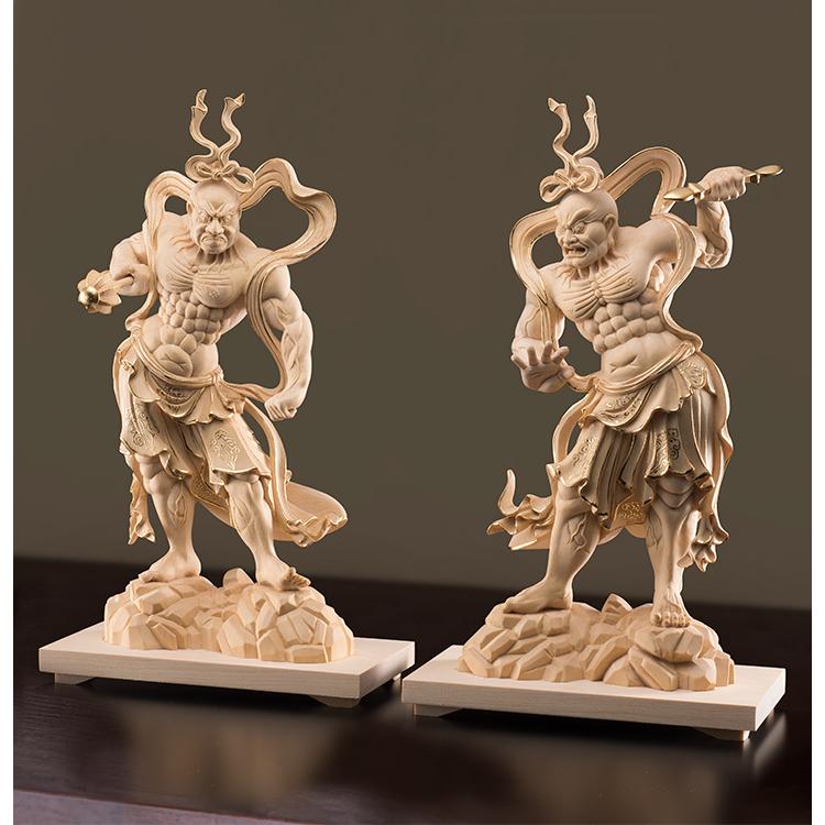 KW-1221 金彩・檜一杢彫り「金剛力士像」阿吽像 二尊一対 ＜高さ30cm