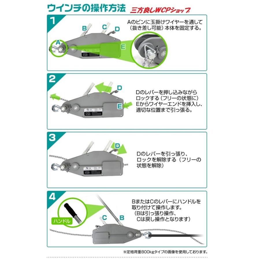 三方良し ハンドウインチ800kgワイヤーロープ 30m万能携帯ウインチ