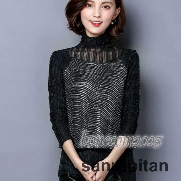 ラメ入り トップス カットソー 重ね着風 レディース 長袖 Tシャツ インナー 裏起毛 薄手 秋冬 ハイネック 透かし ボーダー 着痩せ 大きいサイズ 通勤 OL オフィ ラメ入り トップス カットソー 重ね着風 レディース 長袖 T
