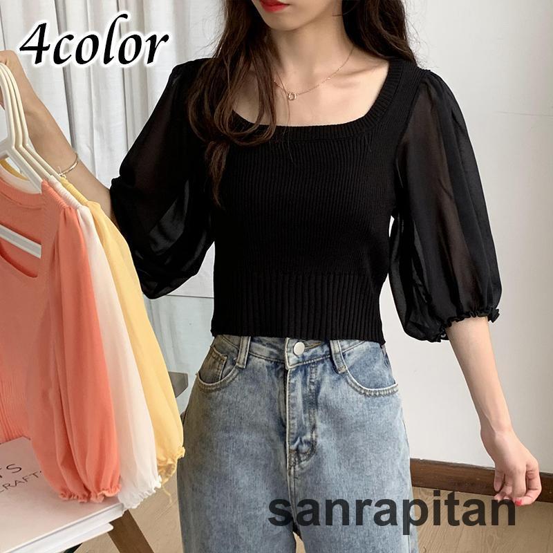 ニット 7分袖 レディース スクエアネック ショート丈 ふんわり袖