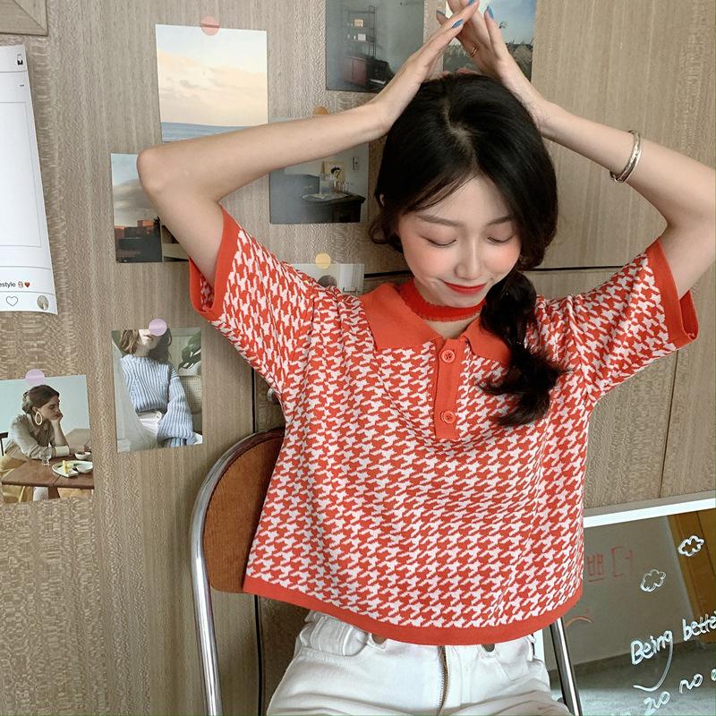 ポロシャツ ニット 半袖 レディース トップス ショート丈 千鳥格