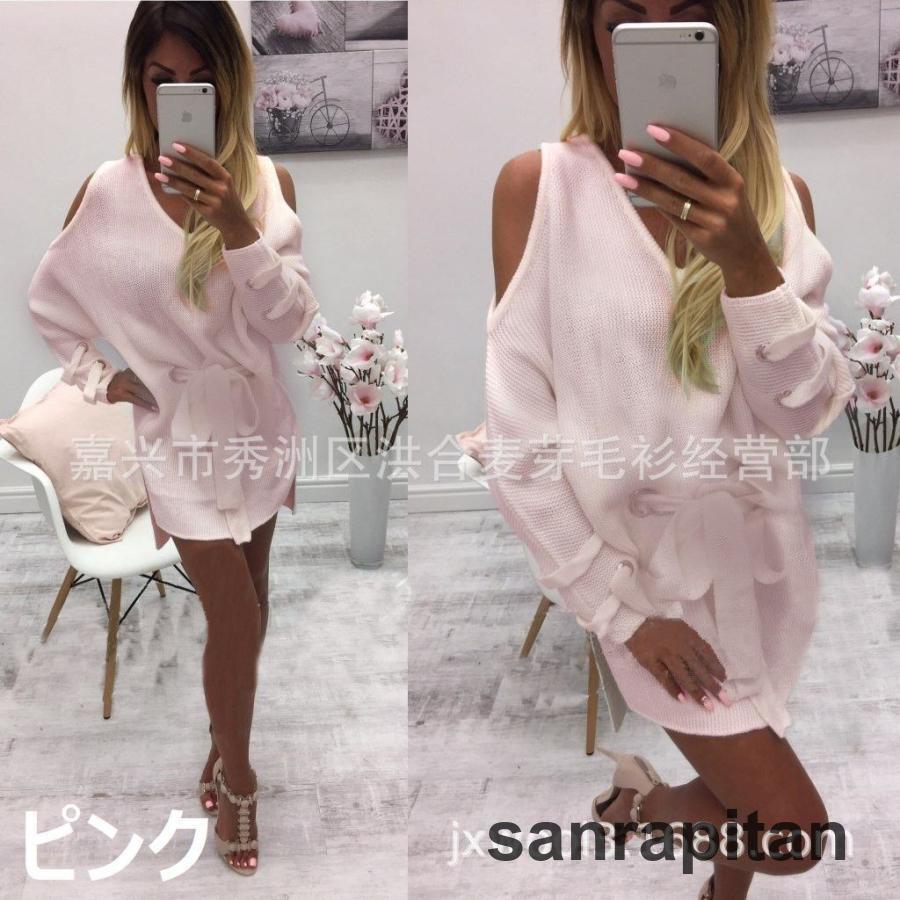 チュニック ウエストリボン ミニワンピ ニット ワンピース Vネック 肩 