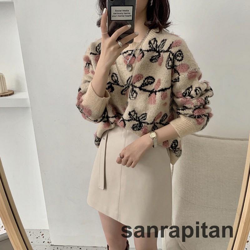 ニット セーター レディース 婦人服 トップス 長袖 ラウンドネック クルーネック サクランボ チェリー 木の実 柄入り おしゃれ かわいい ニット セーター レディース 婦人服 トップス 長袖 ラウンド