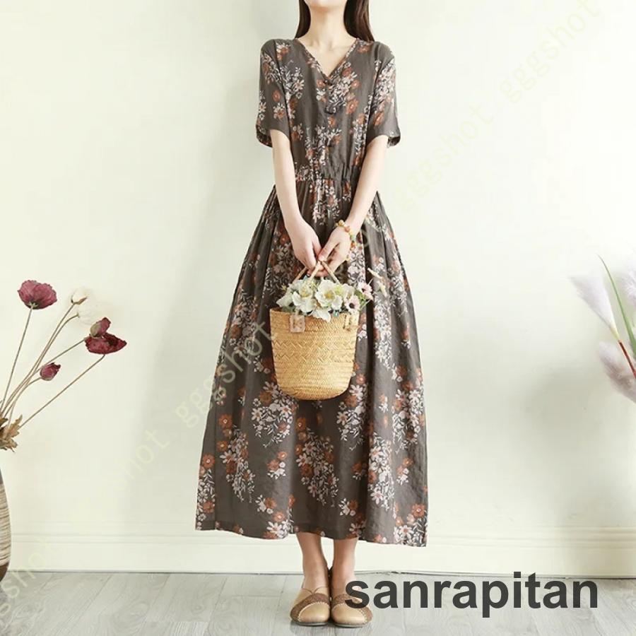 ワンピース レディース ロングワンピース Vネック 半袖 ロング丈 ワンピース レディース ロングワンピース Vネック 半袖 ロング丈