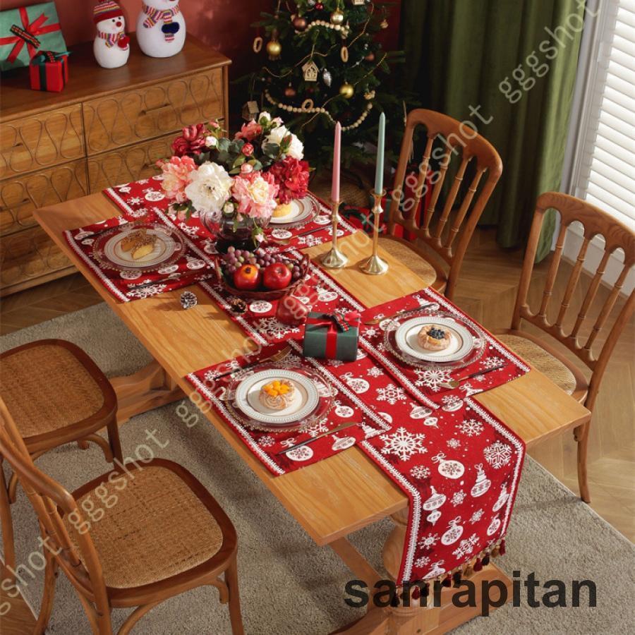 テーブルランナー タッセル付き クリスマス 赤 北欧風 テーブル