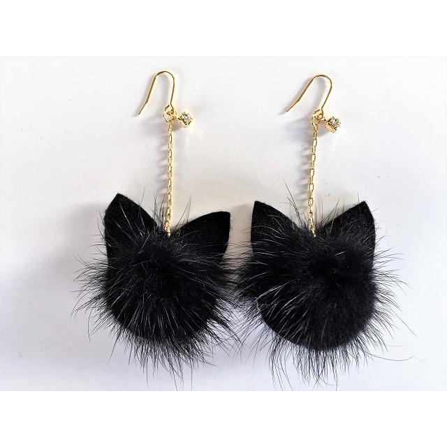 送料無料 黒猫 ミンク ファー ピアス/. シルバー /ゴールド ねこ 猫