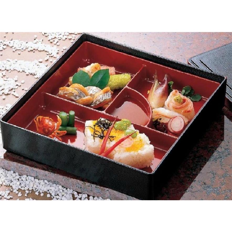^_^  京都 陶雅会 松花堂好み 四方弁当 7寸 黒渕朱 十字仕切付 陶器 染付器 杉木 代引不可】【ABS樹脂】7寸角木目松花堂 黒渕朱(内黒) 蓋・親・仕切 各1