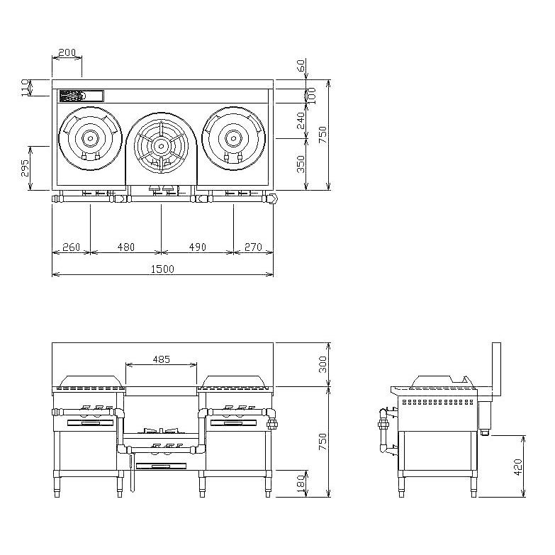 【受注生産品・送料無料・代引不可】タニコー中華レンジ　TGCR-A15I2L-U（旧：CR-150）３口（炒め2・スープ1）　W1500*D750*H750(mm)_1