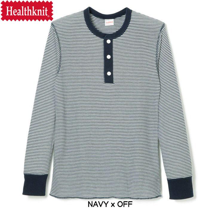 Healthknit（ヘルスニット） ワッフル 長袖 ヘンリーネックTシャツ
