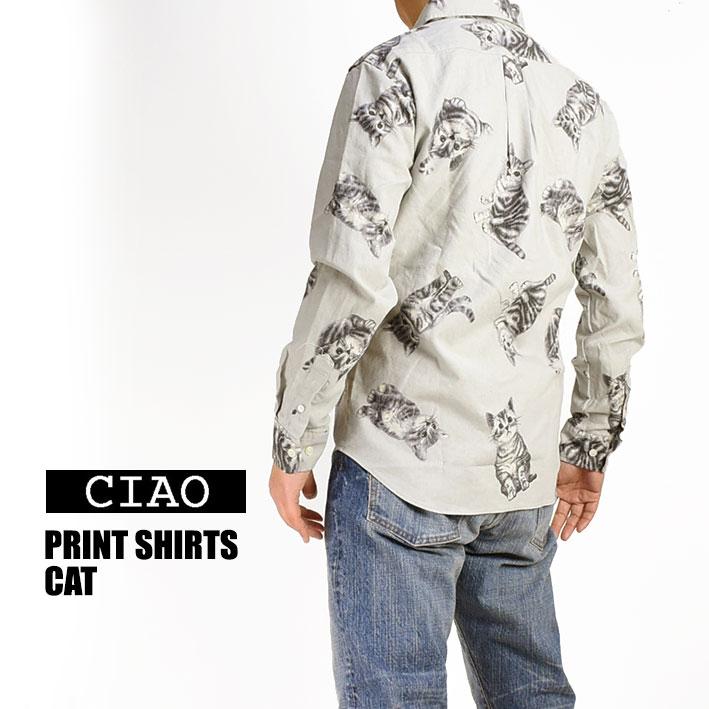 CIAO（チャオ） 長袖シャツ ネコ COTTON LINEN PRINT SHIRTS CAT