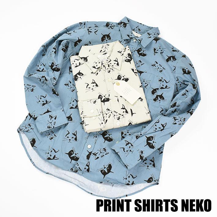CIAO（チャオ） 長袖シャツ 猫 COTTON LINEN PRINT SHIRTS CAT メンズ