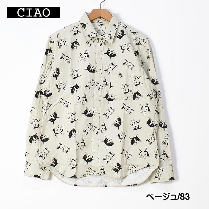 CIAO（チャオ） 長袖シャツ 猫 COTTON LINEN PRINT SHIRTS CAT メンズ