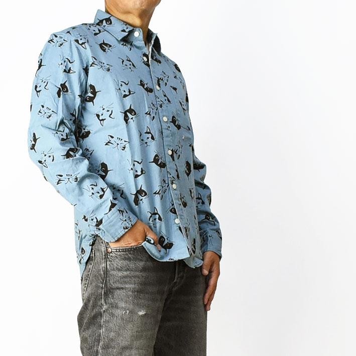 ciao チャオ 長袖シャツ 猫 COTTON LINEN PRINT SHIRTS CAT メンズ 綿麻 ねこ ネコ 日本製 237-56｜sanshin｜08