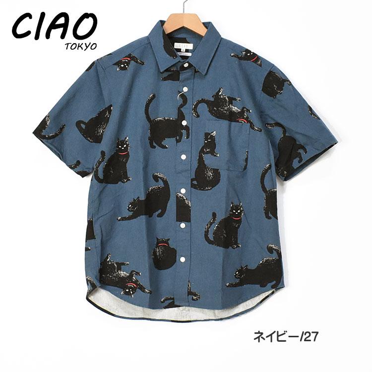CIAO（チャオ） 半袖シャツ 黒猫 COTTON LINEN PRINT SHIRTS CAT