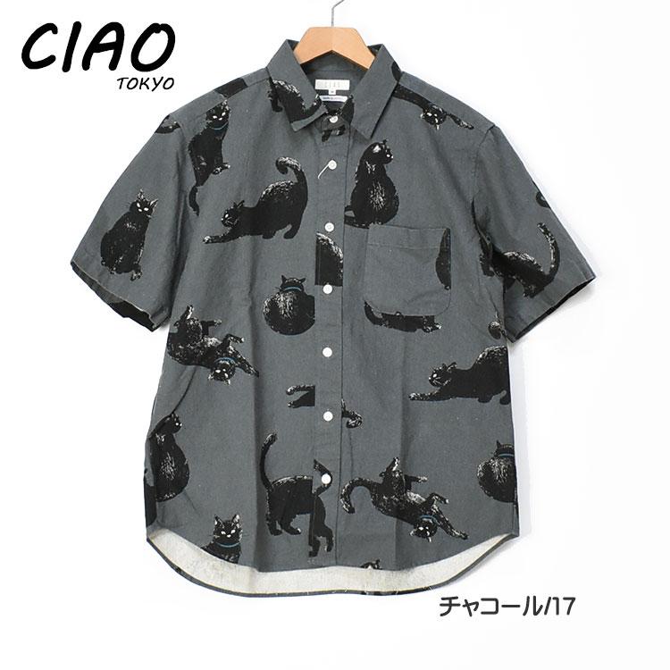 CIAO（チャオ） 半袖シャツ 黒猫 COTTON LINEN PRINT SHIRTS CAT