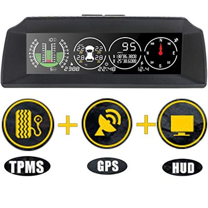 HUDヘッドアップディスプレイ ?車の傾斜計 タイヤ空気圧監視システムTPMS GPSモード搭載 車載スピードメーター 警報機能 スロープメ レーダー探知機