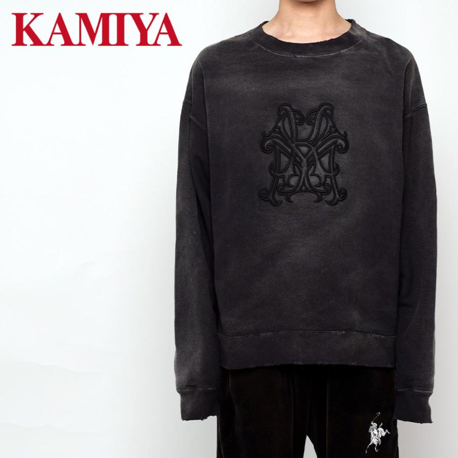 KAMIYA ダメージ ダークグレー スウェット KAMIYA スウェット メンズ レディース 上 綿 ブランド ロゴ トレーナー