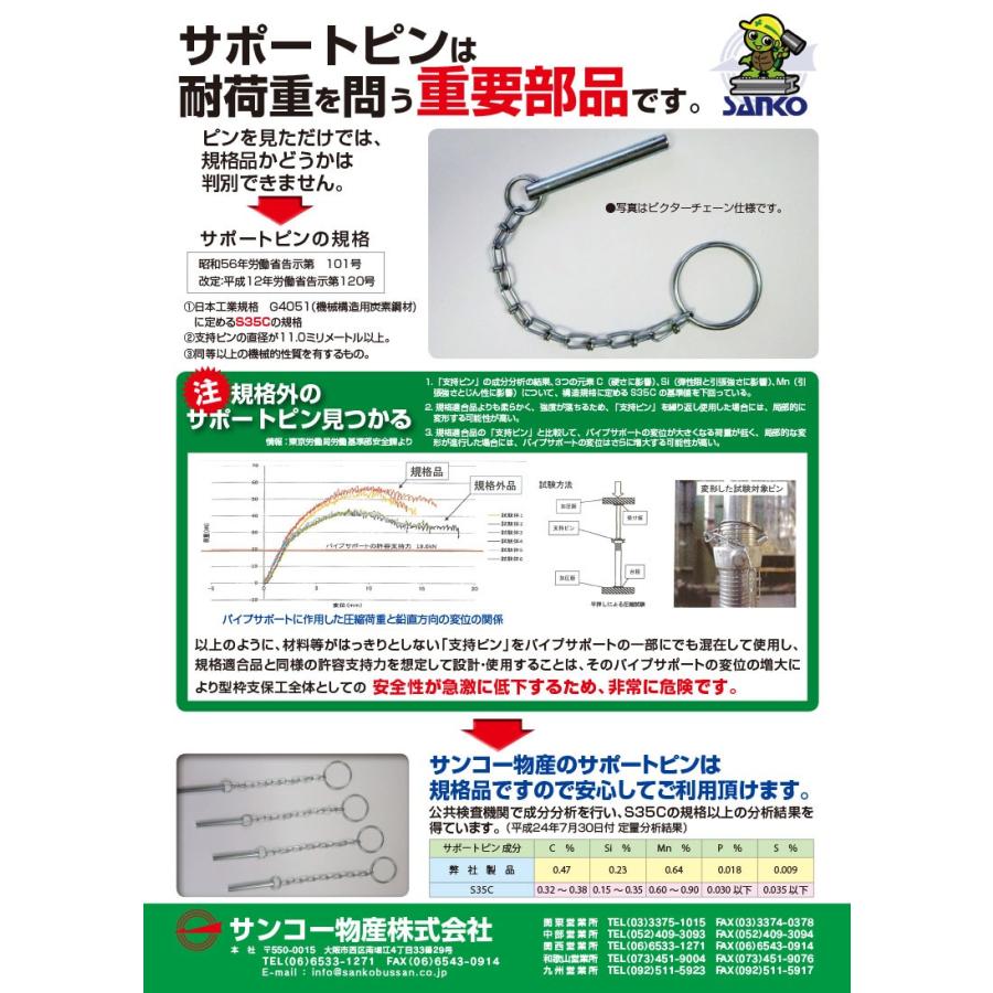 サポートピン　ビクターチェーン 　(犬鎖式) 　型枠パイプサポート部品　ピン直径約12mm　材質S35C以上 1本 バラ売り サンコー物産