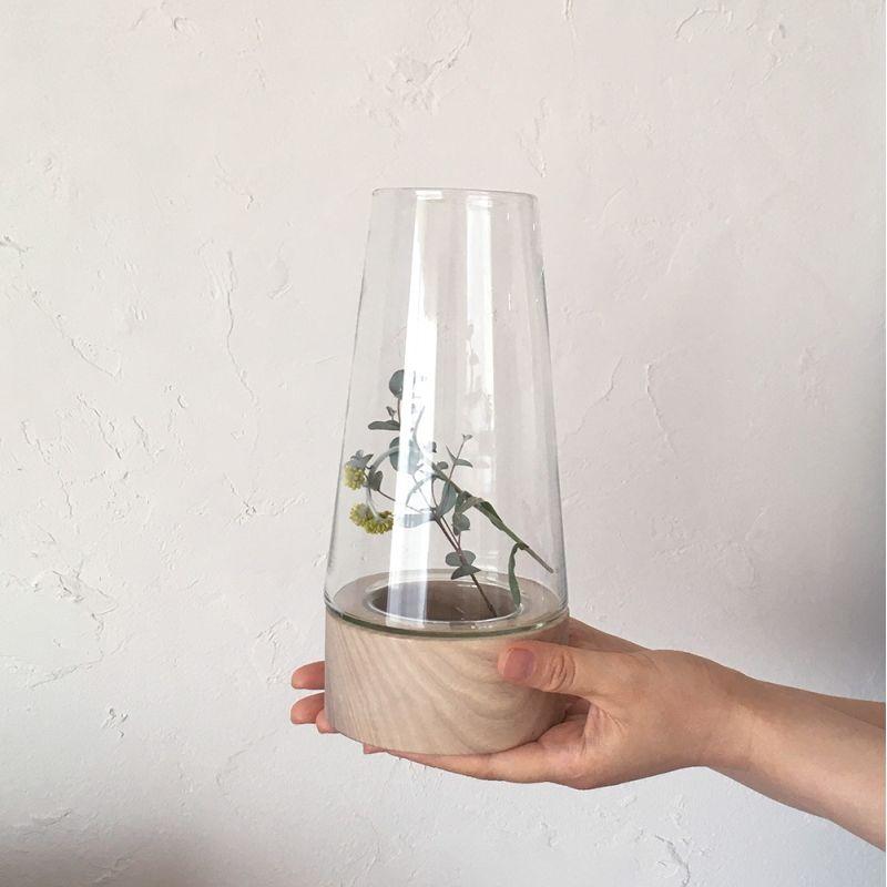 花瓶 ガラス 北欧 おしゃれ 木製ベース 母の日 土台付き花瓶 木と