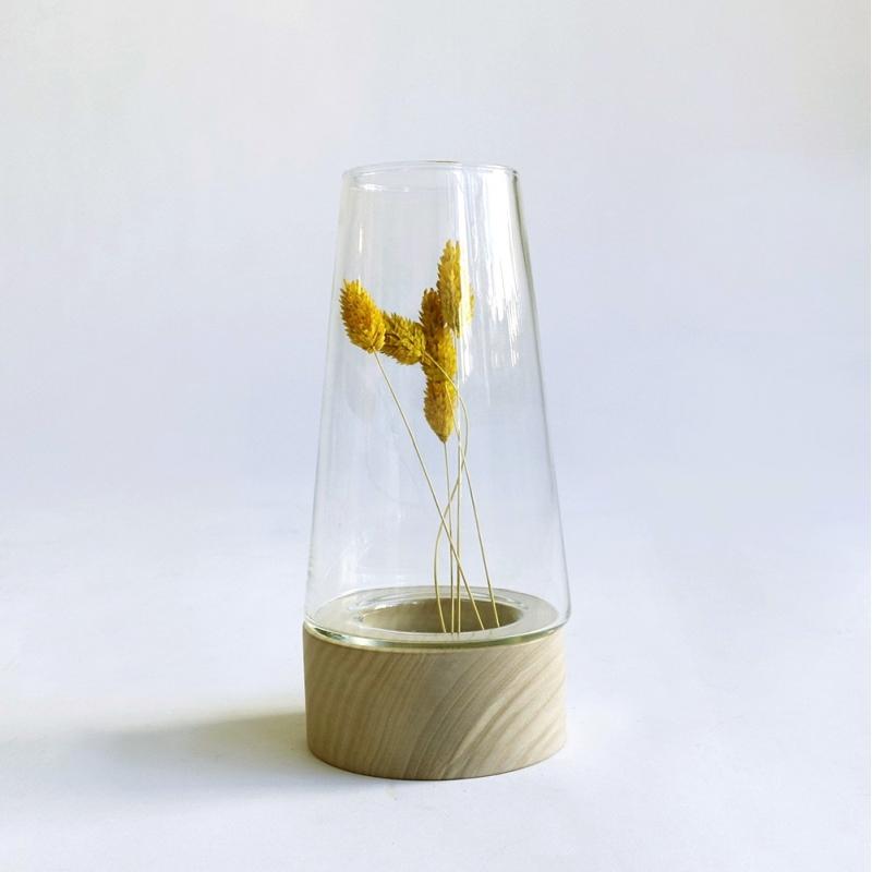 花瓶 ガラス 北欧 おしゃれ 木製ベース 母の日 土台付き花瓶 木と