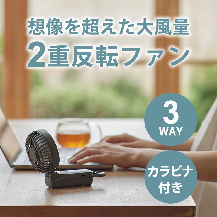 RHYTHM 首かけ扇風機 グレー リズム 2重反転ハンディファン カラビナ