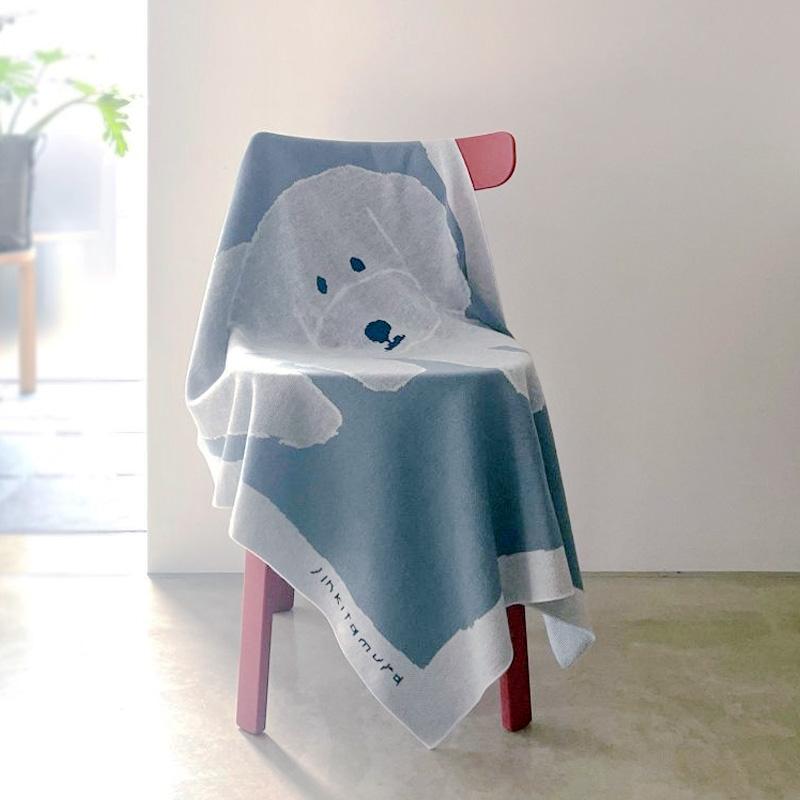 ブランケット ひざ掛け 120x80 ニット 北村人 白いいぬ 犬柄 グレー