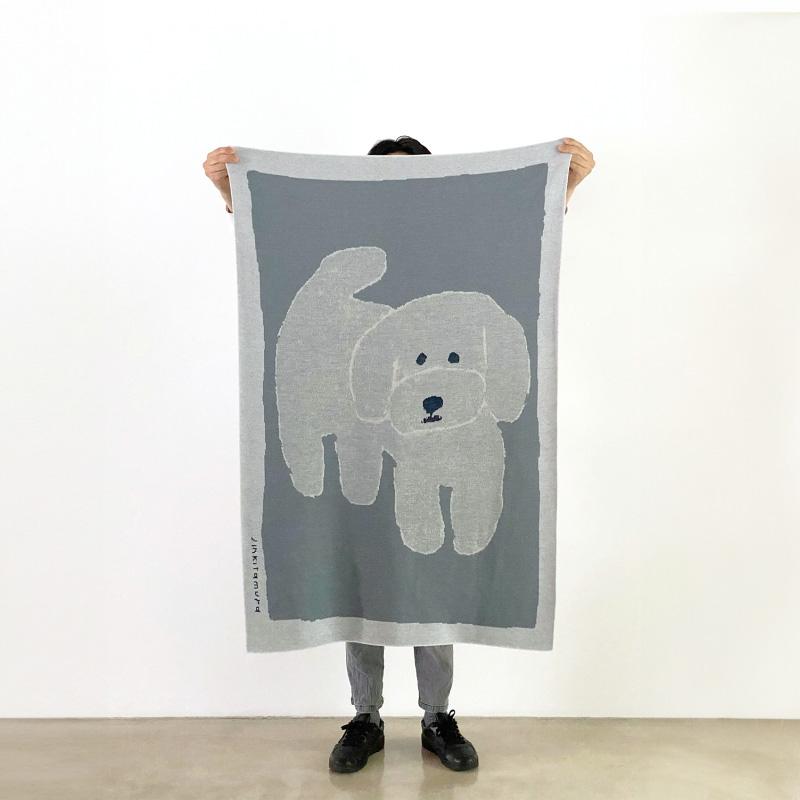 ブランケット ひざ掛け 120x80 ニット 北村人 白いいぬ 犬柄 グレー
