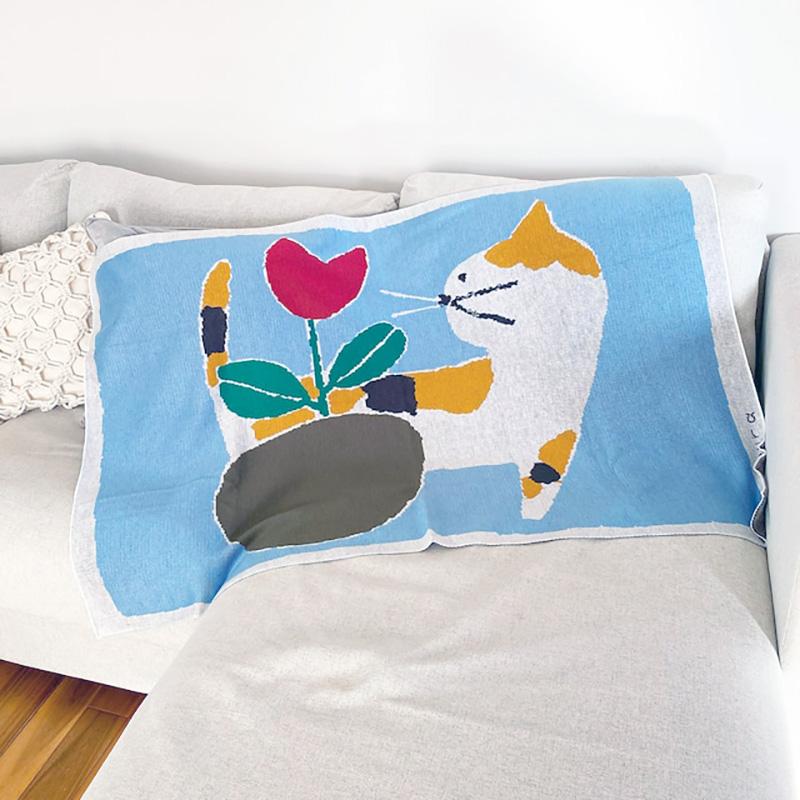 ブランケット ひざ掛け 120x80 ニット 北村人 三毛猫 ミケ 花 ねこ