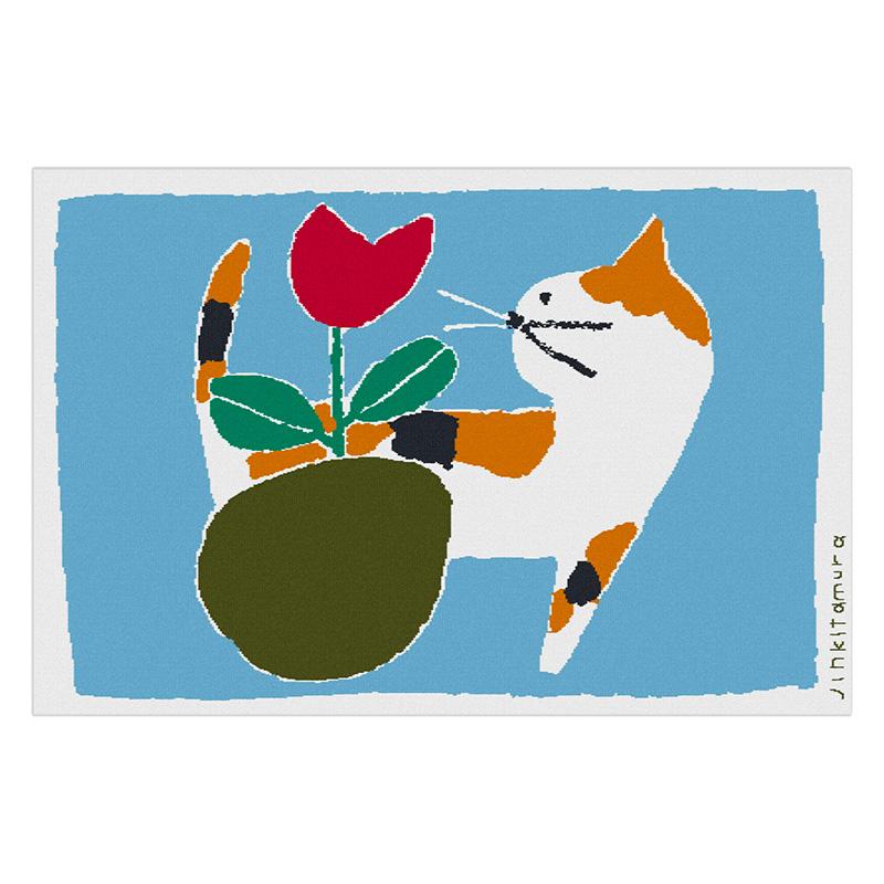 ブランケット ひざ掛け 120x80 ニット 北村人 三毛猫 ミケ 花 ねこ