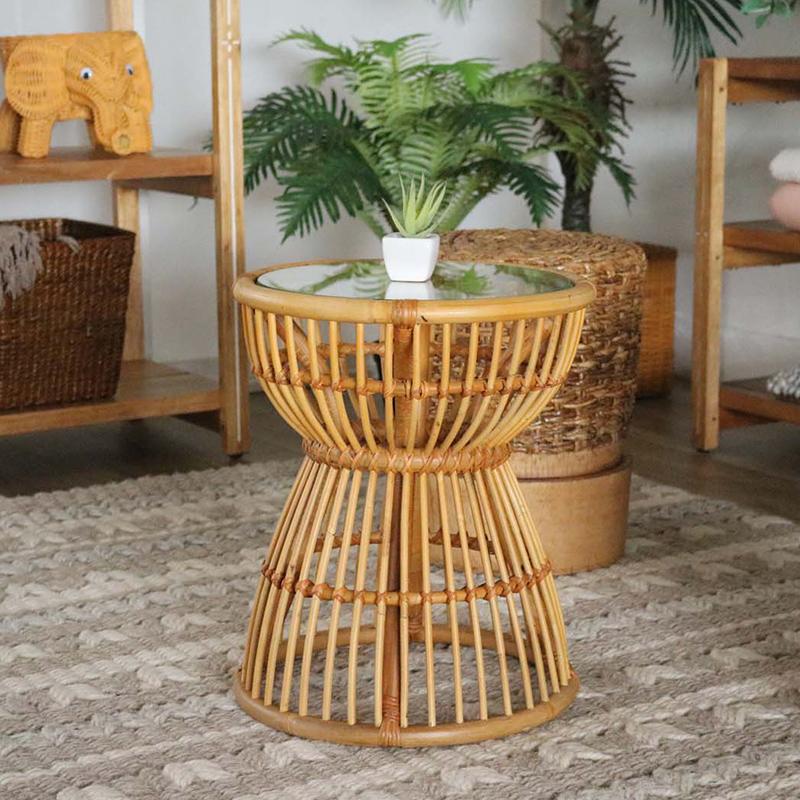 円形サイドテーブル 籐ガラステーブル ナイトテーブル ラタン