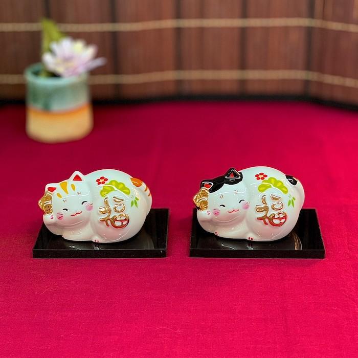 福丸ネコ トラ クロブチ 猫 置物 和雑貨 インテリア オブジェ 縁起物