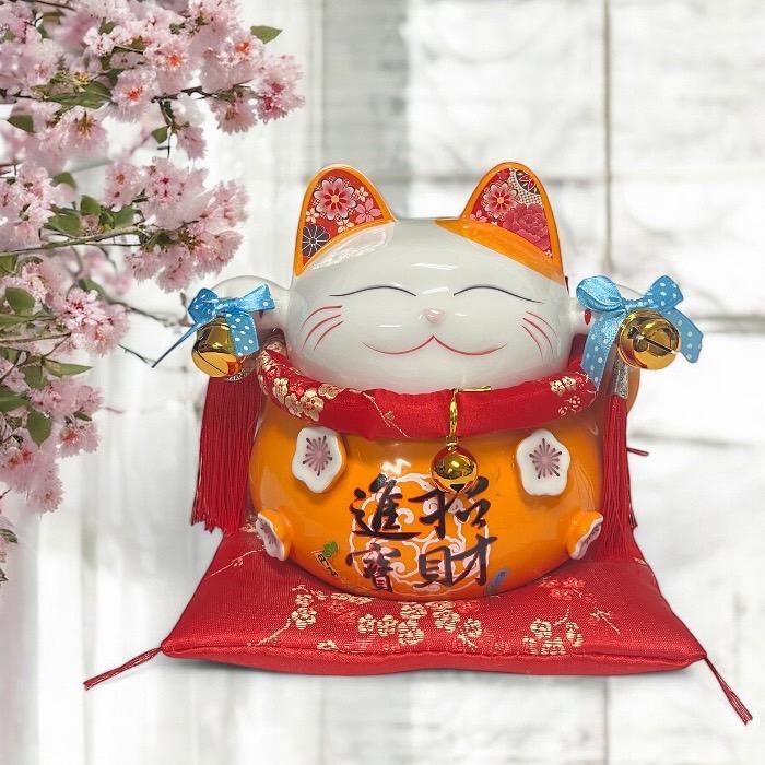招き猫 招財進宝 オレンジ 大願成就 招福 中 まねき猫 ねこ 金運 幸福