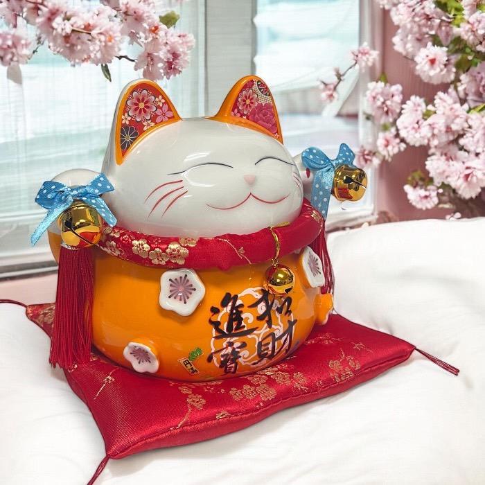 招き猫 招財進宝 オレンジ 大願成就 招福 中 まねき猫 ねこ 金運 幸福