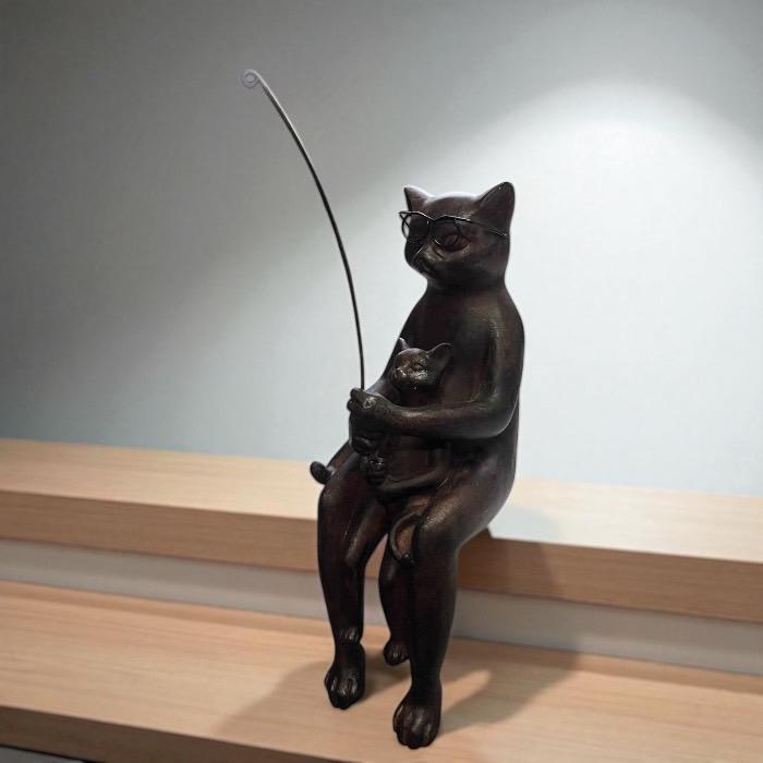 【アンティーク】猫の魚釣り 木彫 ビンテージ 親子猫の魚釣り 猫 ねこ ネコ アンティーク風 置物 オブジェ