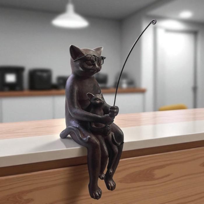 親子猫の魚釣り 猫 ねこ ネコ アンティーク風 置物 オブジェ