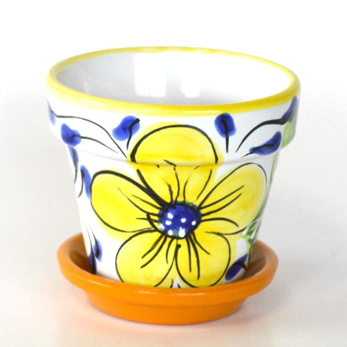 テラコッタポット✳︎植木鉢✳︎陶器観葉植物　花柄 植木鉢 FLOR AZUL3.5（イエロー）スペイン製 DECORADO 鉢 プランター